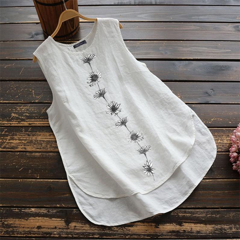 Danmo Women O Neck Sleeveless Tank Tops Floral Printed Cotton Linen T-Shirt