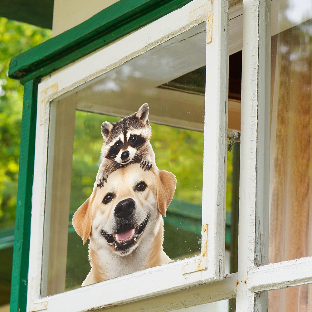 Niedlicher Golden Retriever Welpe Waschbär Balkon Glasfenster Hintergrund Verschönerung und Dekoration Fensteraufkleber