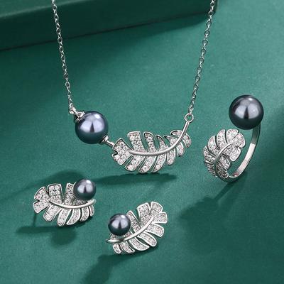 Anillo de imitación de perla de agua dulce natural con forma de pluma, pendientes de aguja de plata S925, collar de perlas de Tahití y circón