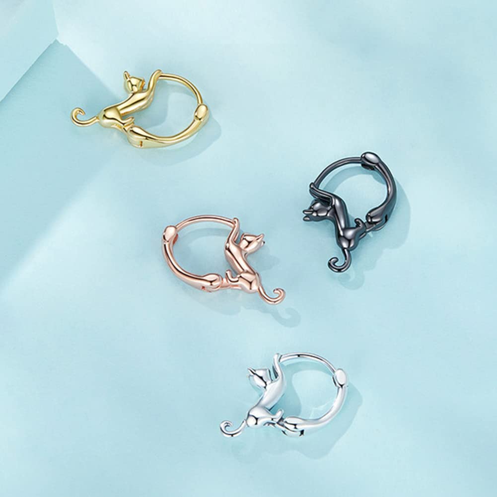 Rockyu Ohrringe für Niedliche Katze Tier Katze 925 Neue Mode Accessoires Breite Damen, Creolen, Ohrringe, Motiv, Ring, Schwingend, Silber, Hypoallergen,