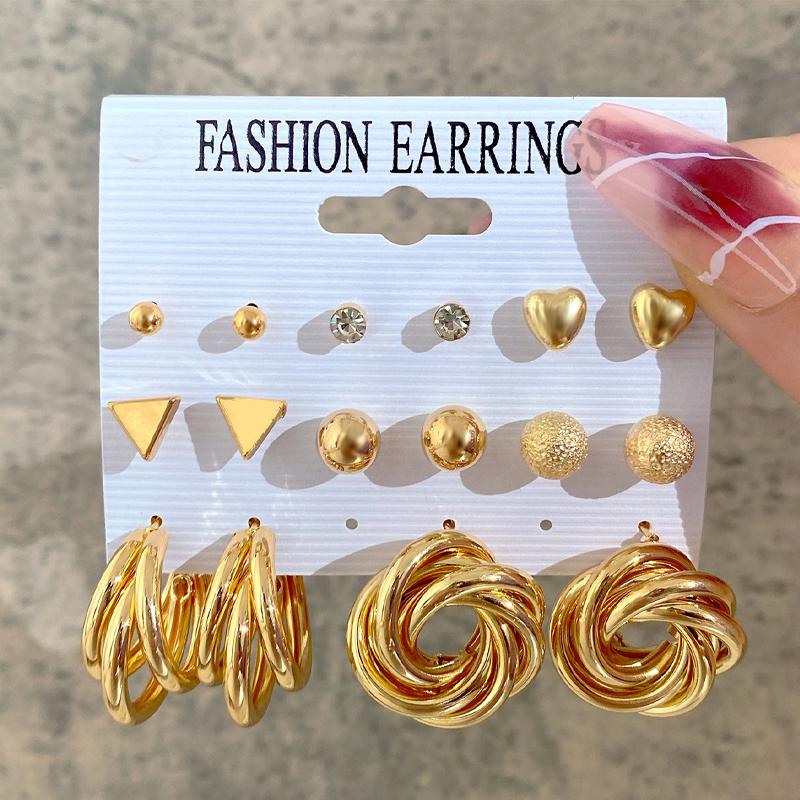 New Gold Color Big Circle Hoop Earring Set for Women Fashion Bohemia Vintage Pearl Earring Heart Zircon Ear Studs Jewelry Gifts