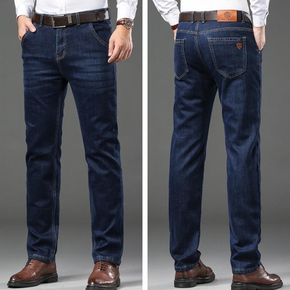 Winter Fleece Thick Jeans Men Business Casual Straight Trousers Male Classic Blue Black Jeans For Men Work Denim Man Pants