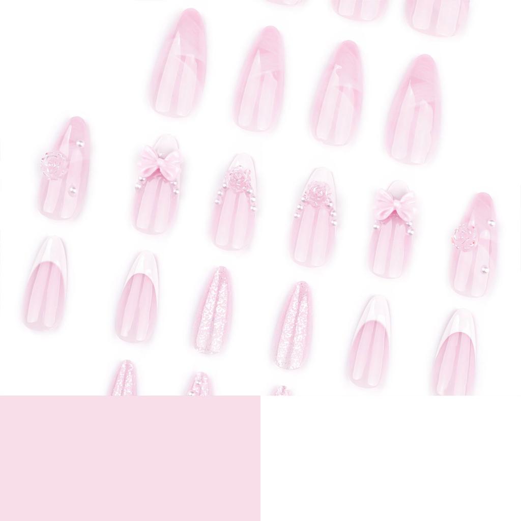 24 Pcs White French Tip Press On Nail Almond Shape Acrylic Nail Flowers Full Cover Stick On Nail 3D Bows False Nail