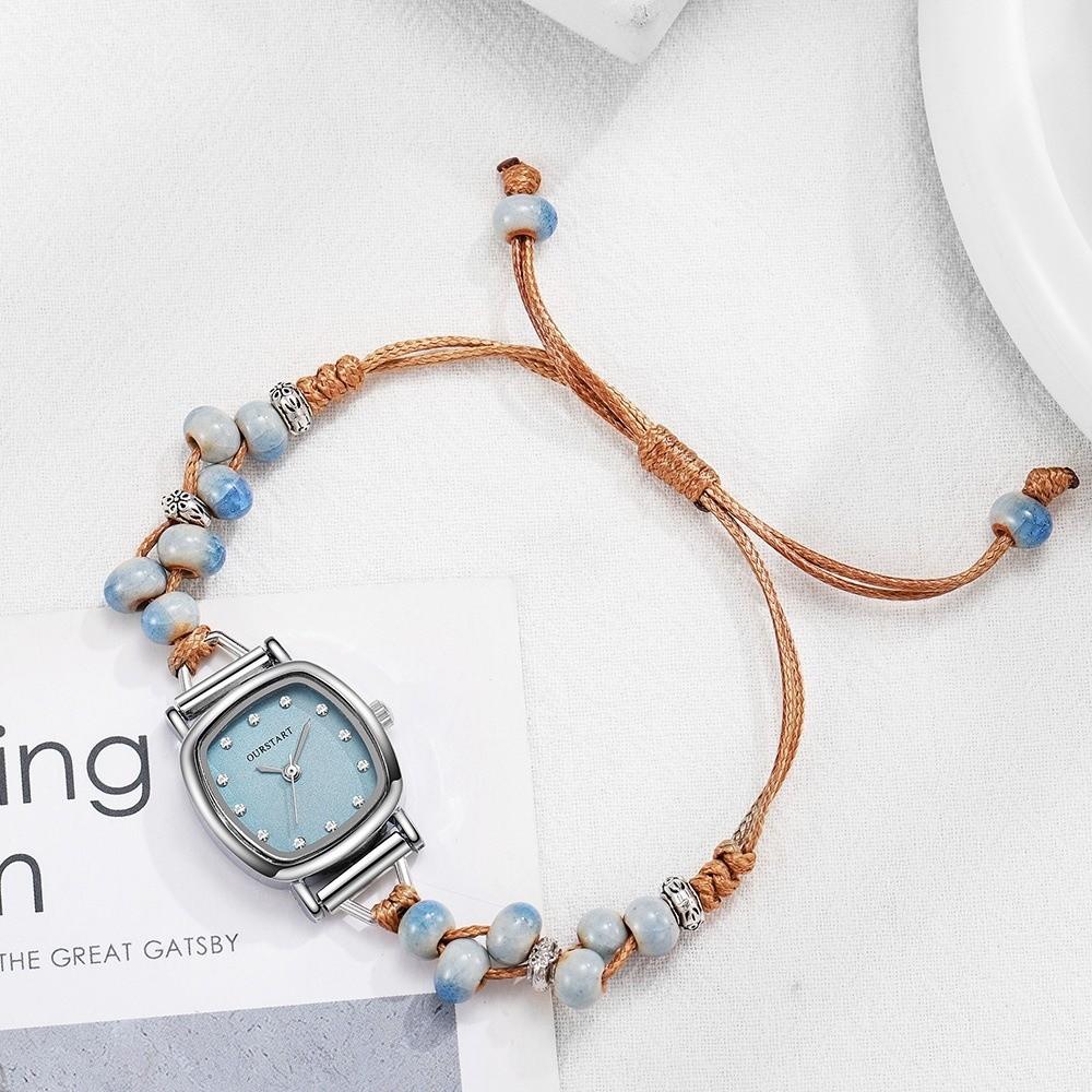 Weaving Beaded Electronic Watch Rhinestone Wrist Watches Fashion Quartz Wristwatches  Women синий
