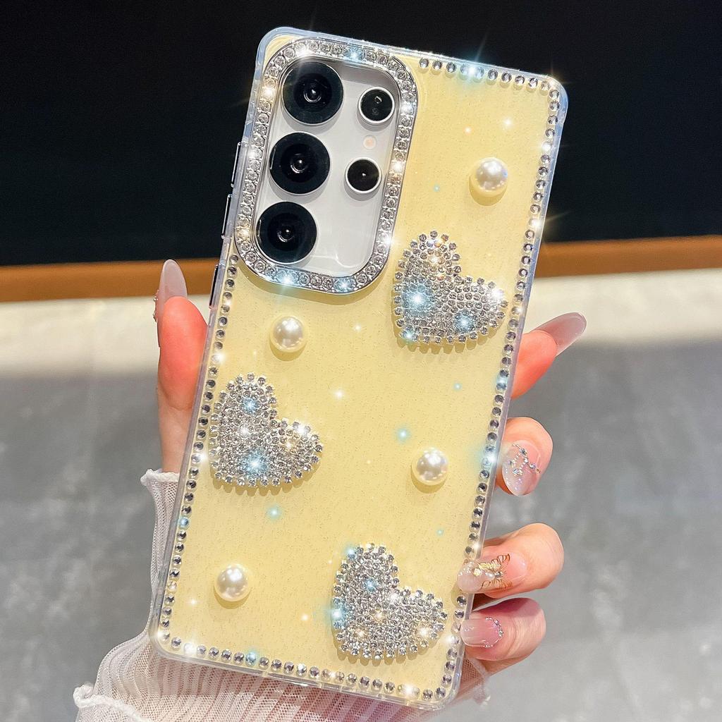 Samsung S265 Ultra Pouzdro na telefon Srdíčko s kamínky a třpytivou perlou, Plné krytí pro Galaxy S25 FE A57, Luxusní design.