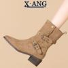 Cowhide Maillard Boots Women's Thick Heel Pile Boots Belt Buckle Medium Martin Boots Knight Boots Western Cowboy Boots