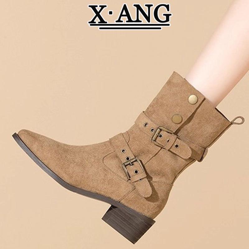 Cowhide Maillard Boots Women's Thick Heel Pile Boots Belt Buckle Medium Martin Boots Knight Boots Western Cowboy Boots