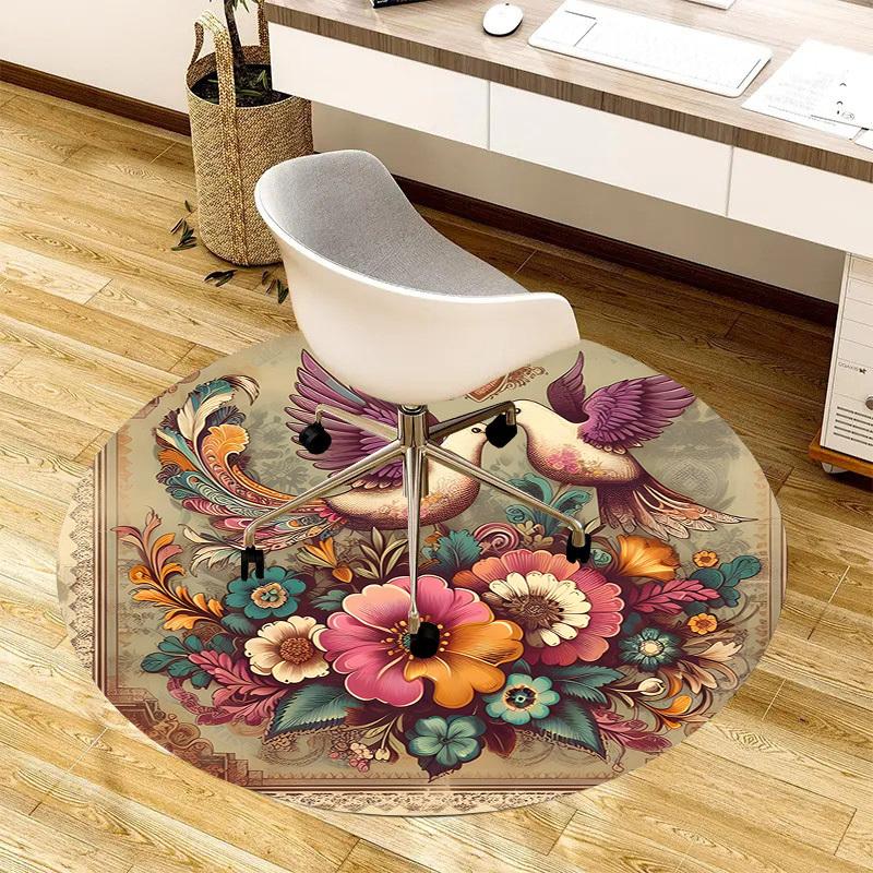 1pc Office Carpet Chair Mats Colorful Floral Doves Illustration Perfect for Decorating Office Chairs, Living Rooms, Or Bedrooms.YDT209
