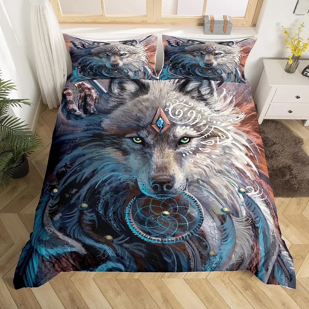 Wild Magical Wolf Bedding Set Wolf Howling 3Pcs Sets For Boys Vintage Oil Paint Wild Animal Single/Twin/Queen/King Size