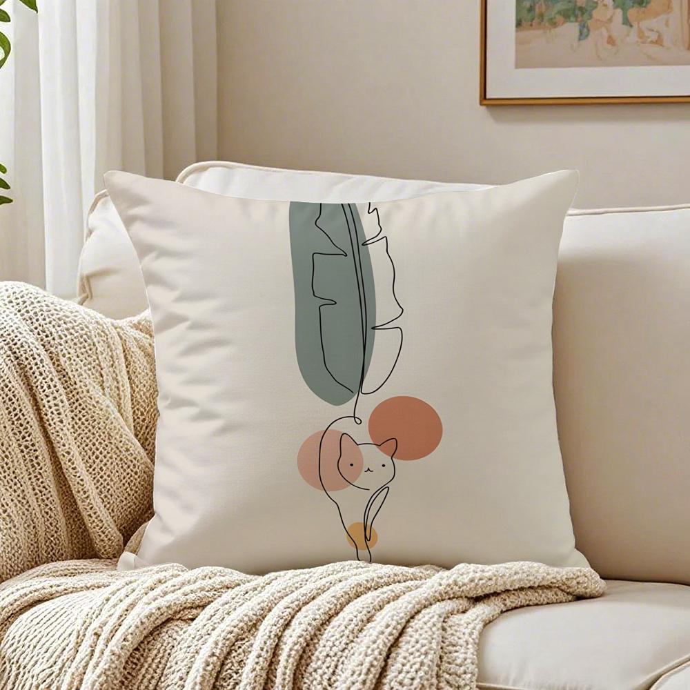 Minimal Casual Simple And Stylish Green Cat Cushion Cover Washable Linen Pillowcase Soft For Daily Sofa Bed Home Room Decor