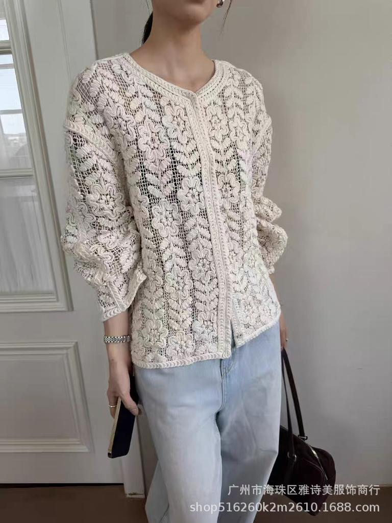 Fashion loose and thin hollow crochet knitted sweater women's new foreign style unique chic cardigan long-sleeved top