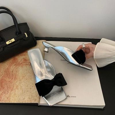 Fashion Summer New Square Head Small Slippers with Silver Bow with Flip-flops Women's Slip-on Women's Shoes High Heels