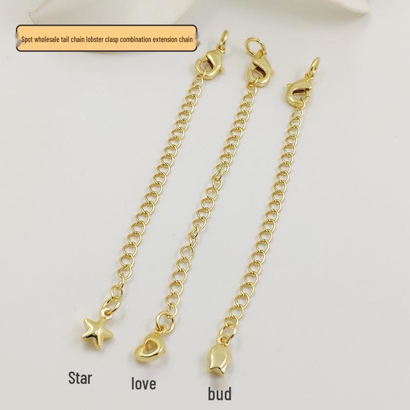 

14K Gold-Filled Necklace Extension Chain with Star, Heart, and Flower Bud Copper Charms - Real Gold Lobster Clasp Star