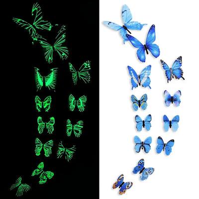 12 Set Modern Style 3D Glow-in-the-Dark Butterfly Wall Stickers Reusable High Gloss Plastic Animal Theme for Kids Room Decor