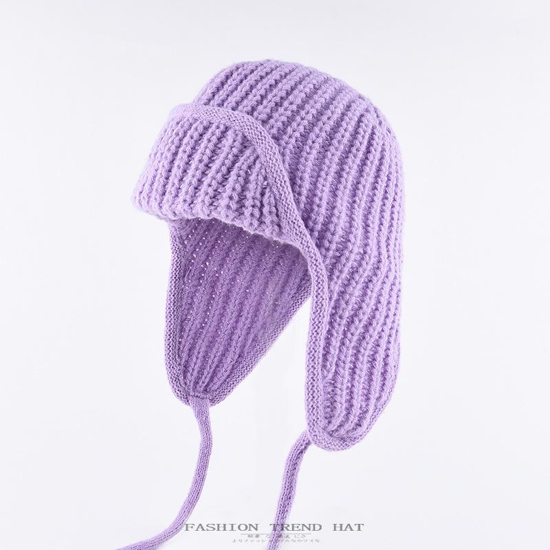 Korean version of ear protection knitted wool hat children's autumn and winter thermal hat men's solid color strap flying ski hat tide