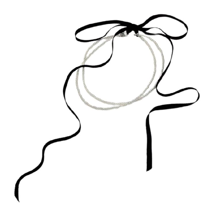 

Chic Ribbon Necklace Pendant Necklace Double Layer Necklace Beads Necklaces 1