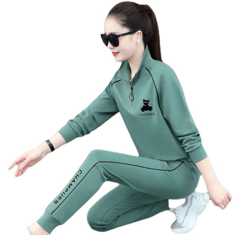 Sporty Casual Set for Women - Spring/Autumn Loose Large-sized Student Long-sleeved Running Suit Set of Two Pieces