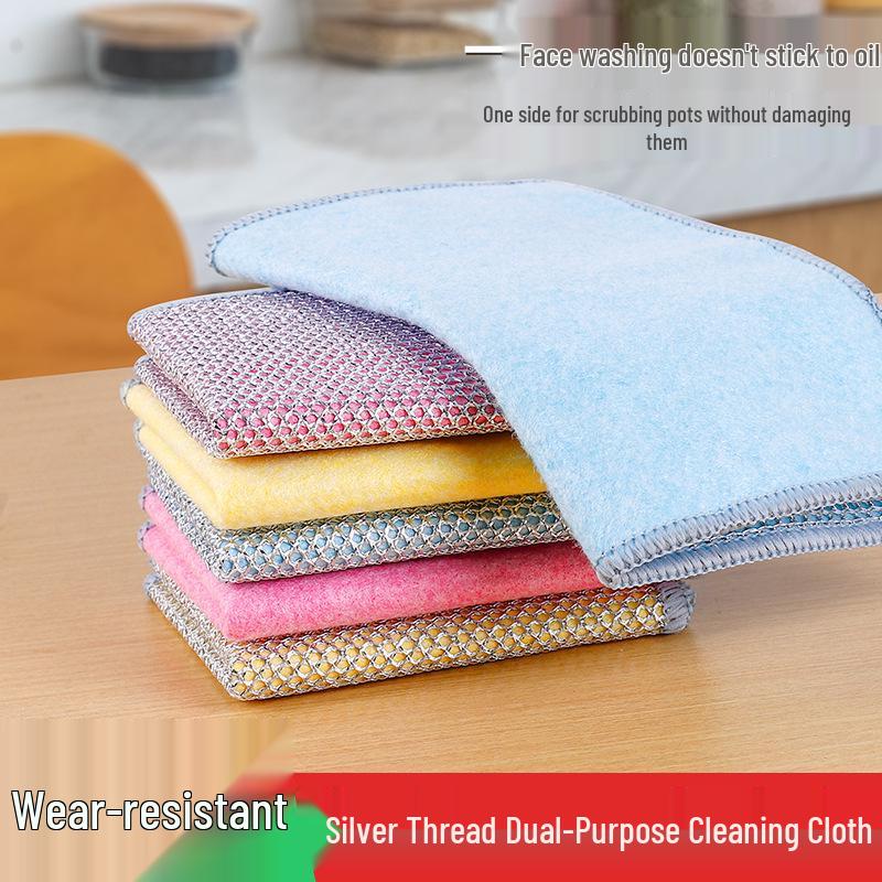 Silver Steel Wire Double-Sided Dishcloth - Non-Stick, Oil-Proof, Thick Scouring Pad for Stain Removal.