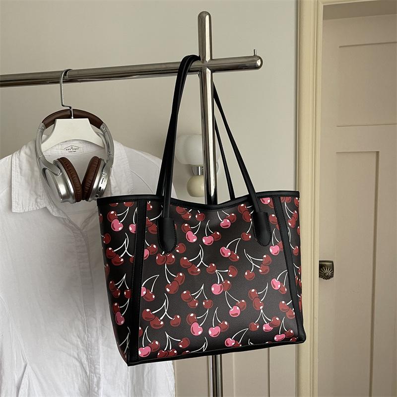 Vintage Cherry Print Large Capacity Women Casual Commute Single Shoulder Tote Bag