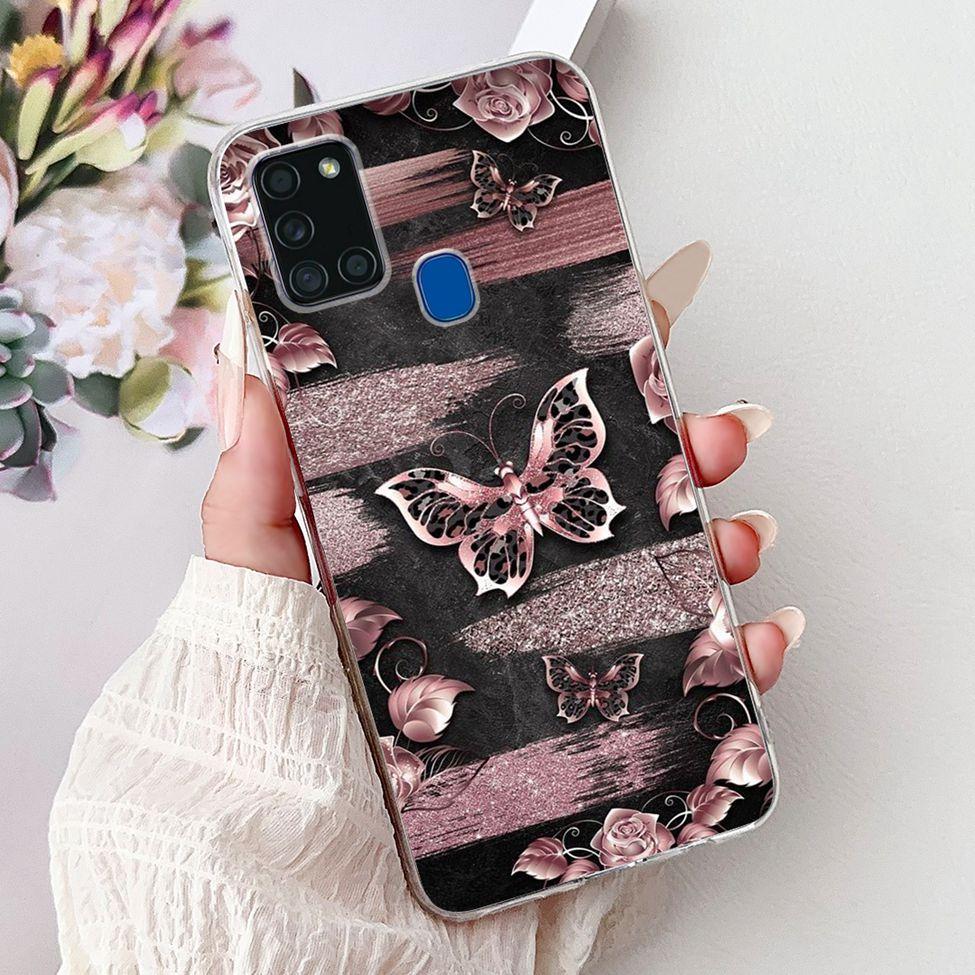 Clear For Samsung A21s SM-A217F SM-A217M Cover For Samsung Galaxy A21s Case Cute Luxury Butterfly Love Flowers Cool Painted