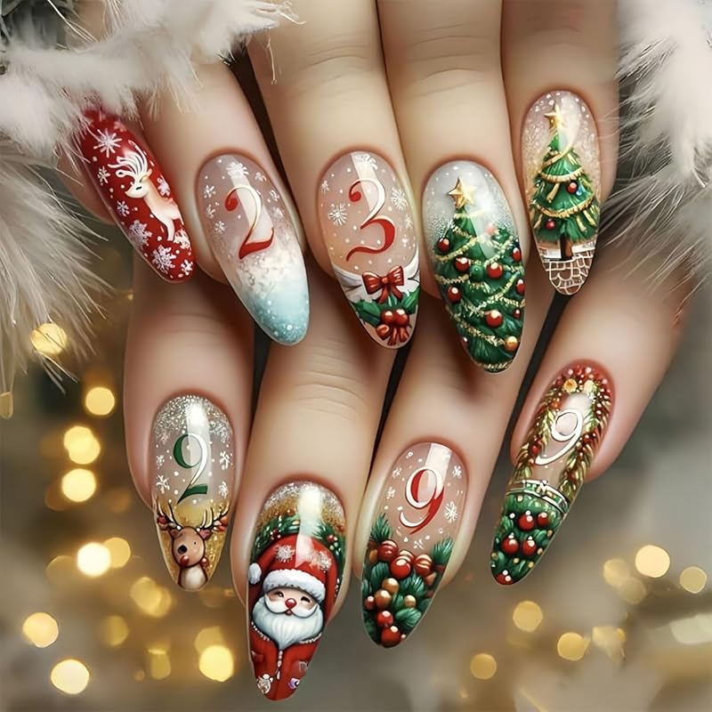 Christmas Cute Press On Nails Square Fake Nails Winter False Nails with Snowman Snowflake Designs Medium Glue On Nail Gloss Xmas Reusable Acrylic