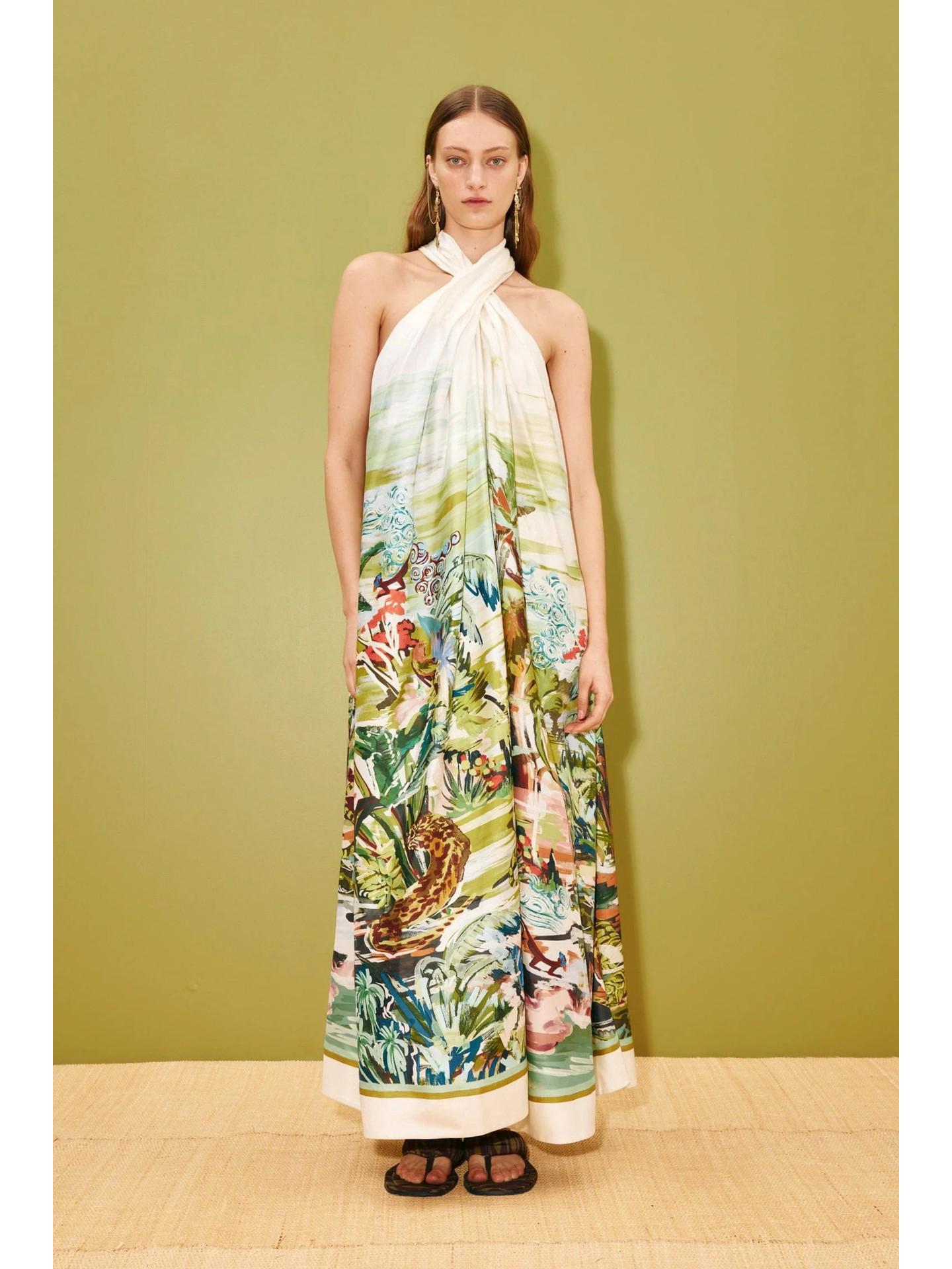 Европейское и американское длинное платье с принтом, на бретельках-халтер, 2026 S