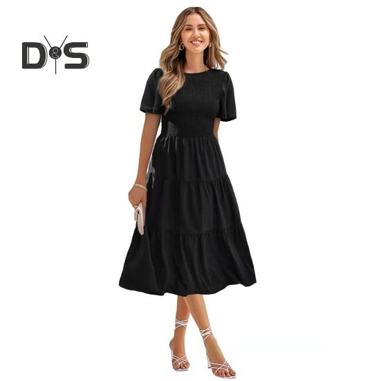 Damen Kurzarm-Smocked-Midikleid, Sommer-Rundhalsausschnitt, plissiertes langes Kleid, lässiges, gestuftes, fließendes A-Linien-Kleid