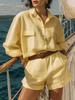 Spring/Summer 2026 Women's Solid Cotton Linen Button-Down Shirt & Shorts Set