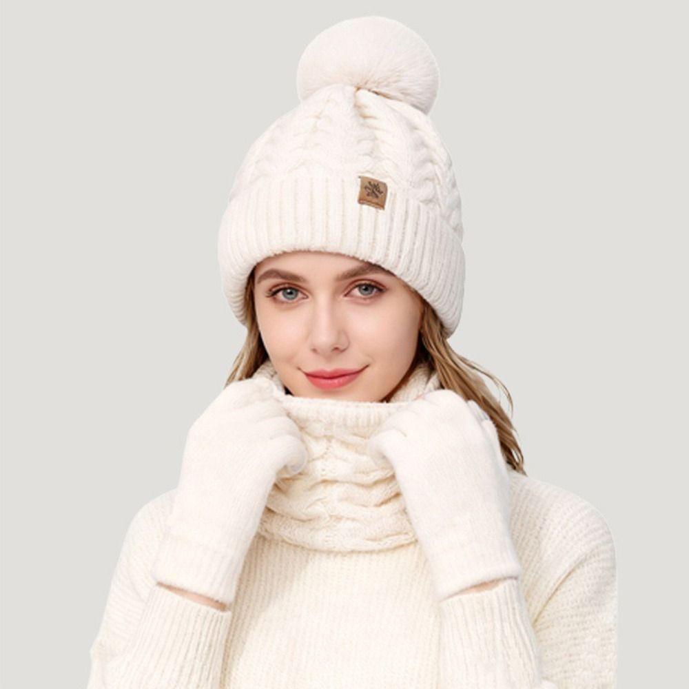 Solid Color Pompom Beanies Hat Beanie Hat Winter Knit Gloves Set  Outdoor