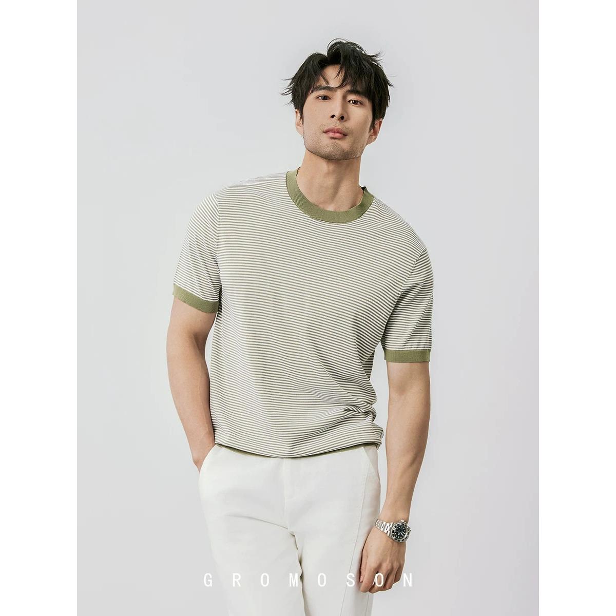 Men s Trendy Striped Short-Sleeve Round Neck Knitwear 3XL зелёный 1690₽