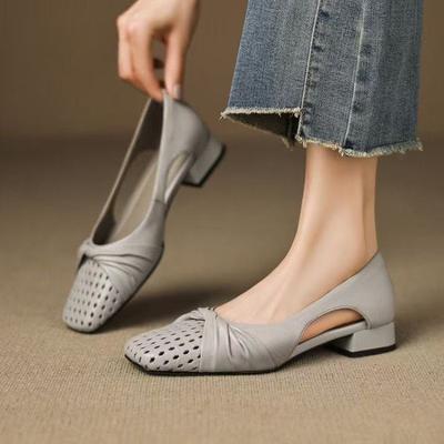 Women's  Sweet Bowtie Decoration Hollow-out Slip-on Summer Pumps Thick Med Heel OL Style Daily Dress Heels Shoes