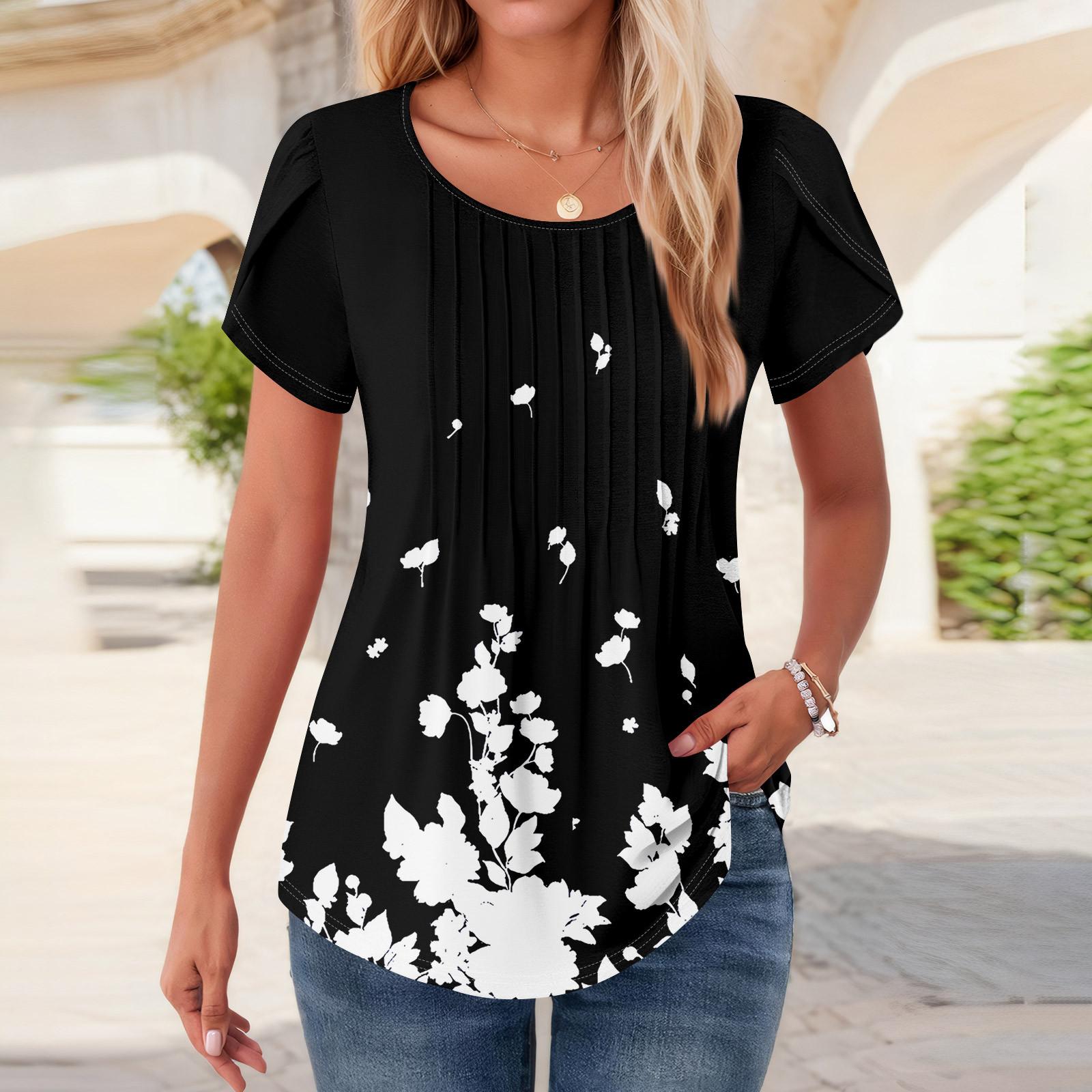 

Женские топы с коротким рукавом и круглым вырезом, летние рубашки с цветочным принтом, блузки для женщин, нарядные повседневные XL белый