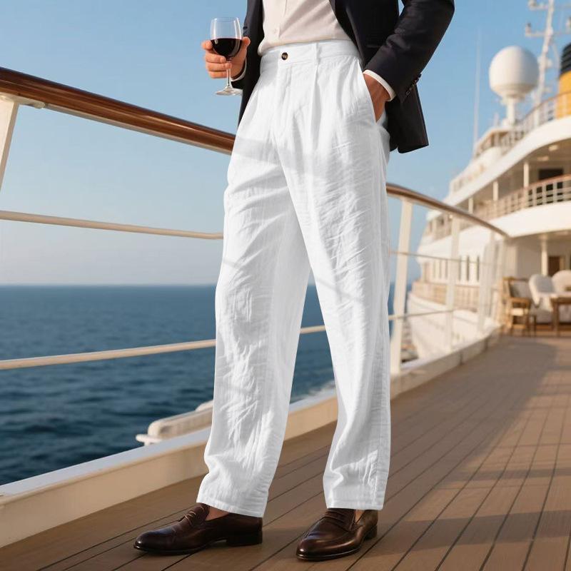 Pánské módní jednobarevné lněné pánské goulashové ležérní volné business kalhoty