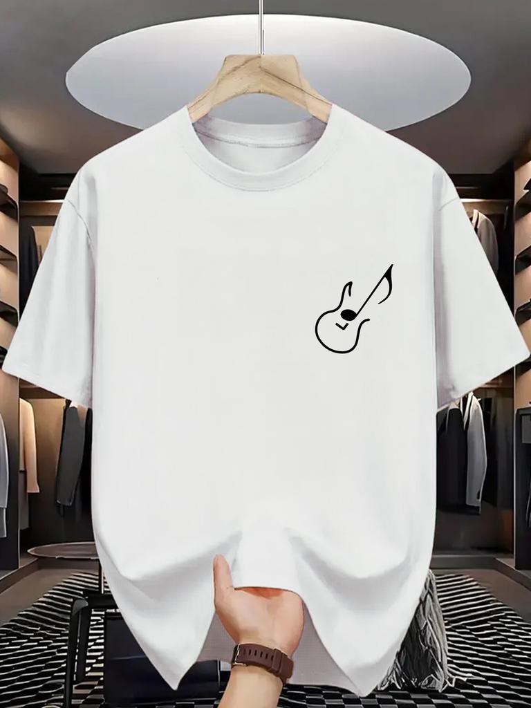 Unisexs Round Neck Tee Tiny Guitar Note Minimal Chest Print Soft Cotton Simple Music Lover Daily Outdoor Short Sleeve Casual Top
