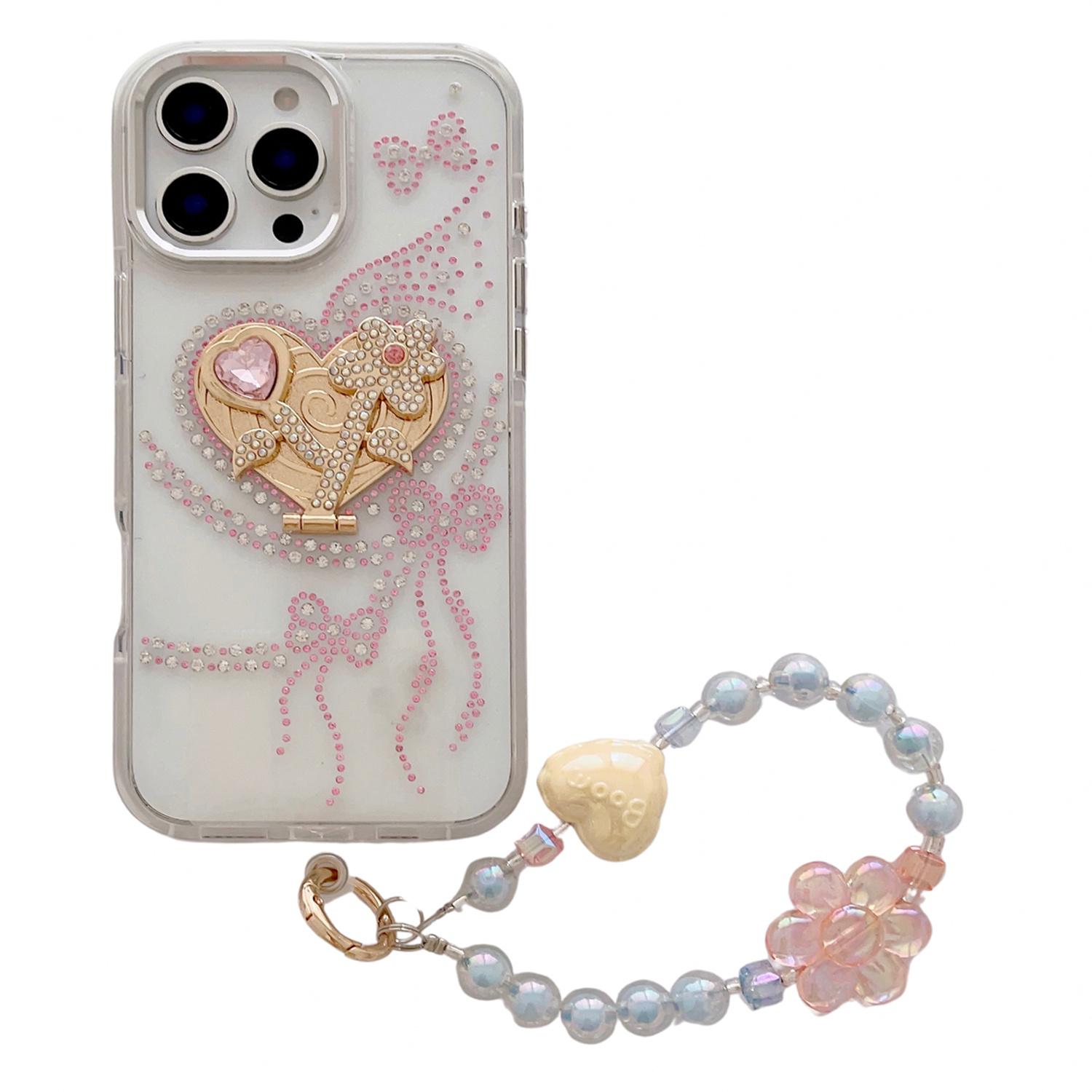 

For iPhone 16 Pro Case with Heart Shape Kickstand,Strap Anti Drop TPU+PC Phone Cover White