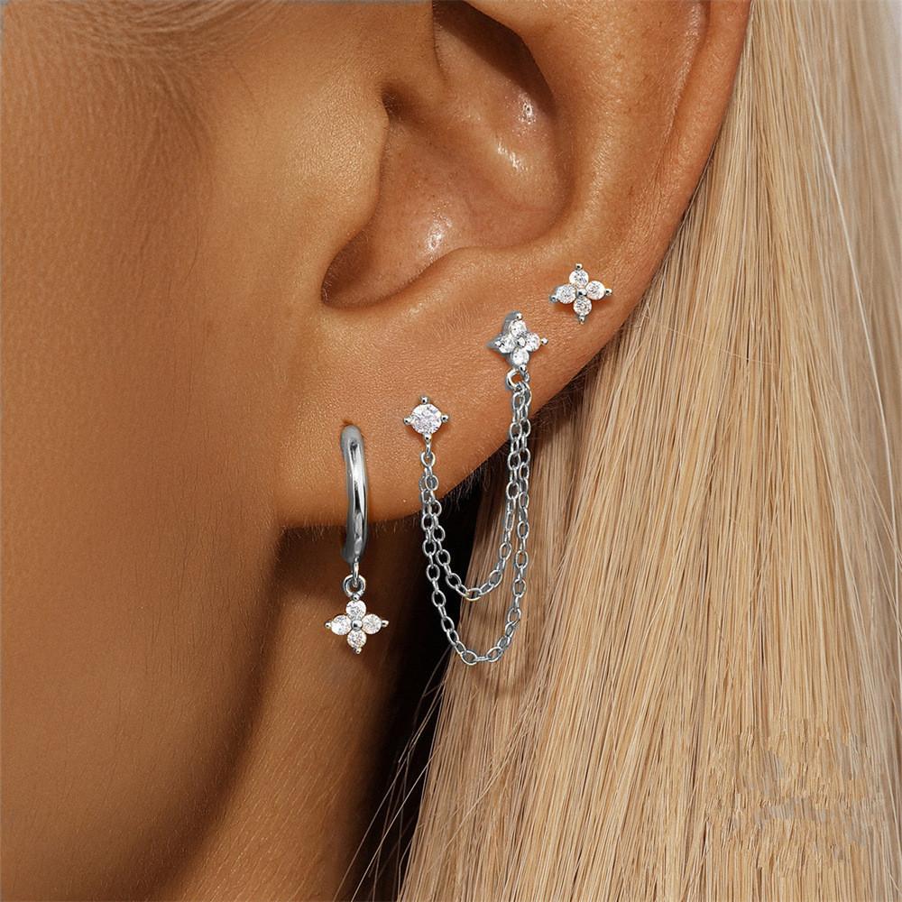 3PCS New Fashion Four Zircon Flower Hoop Earring Set For Women Stainless Steel Double Stud Chain Tassel Huggie Piercing Jewelry