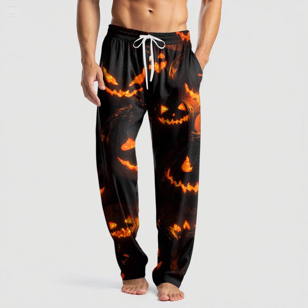 Pánské pletené ležérní kalhoty s kapsami a halloweenským potiskem, pyžamové kalhoty