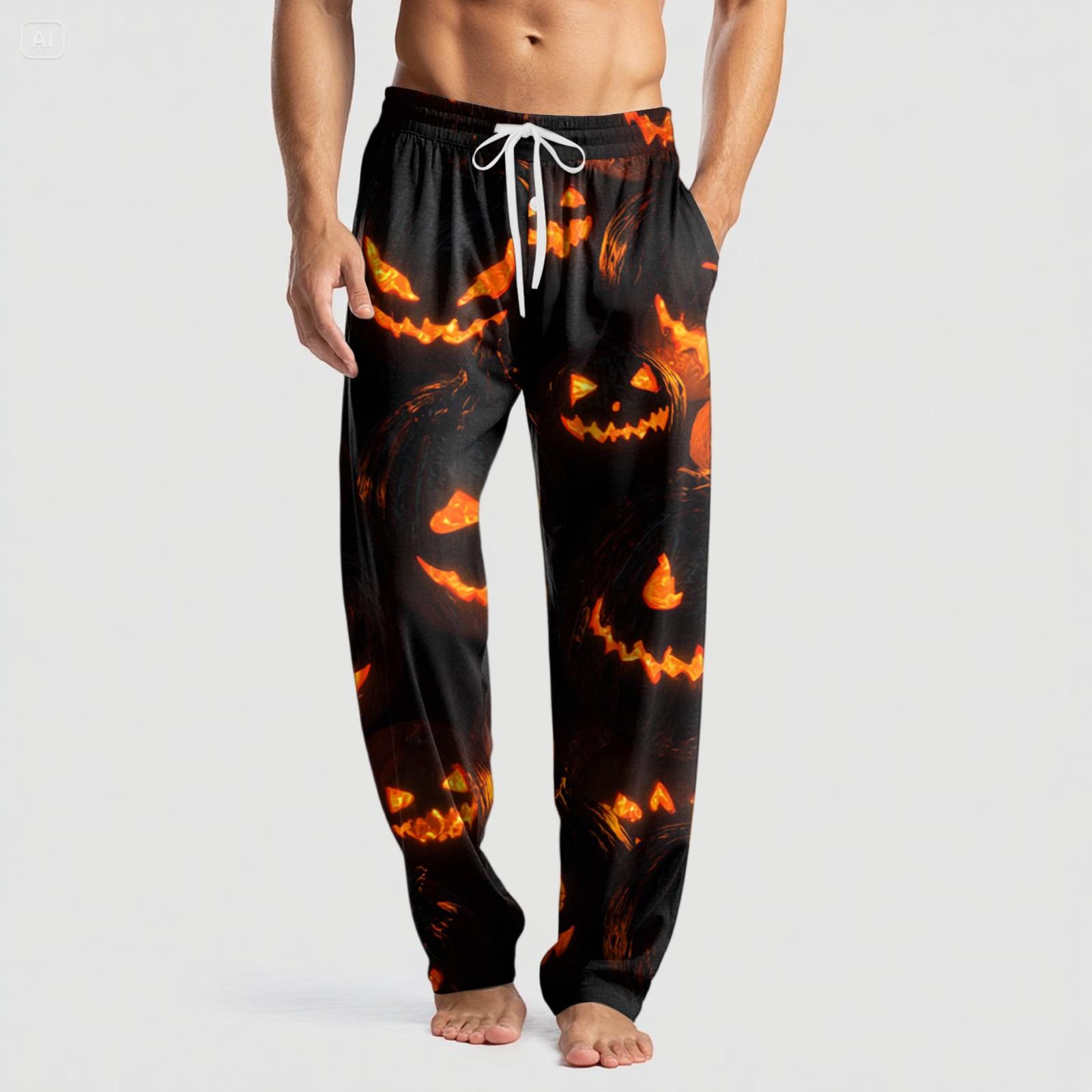 

Мужские вязаные повседневные брюки с карманом и принтом на Хэллоуин, пижамные брюки XL жёлтый