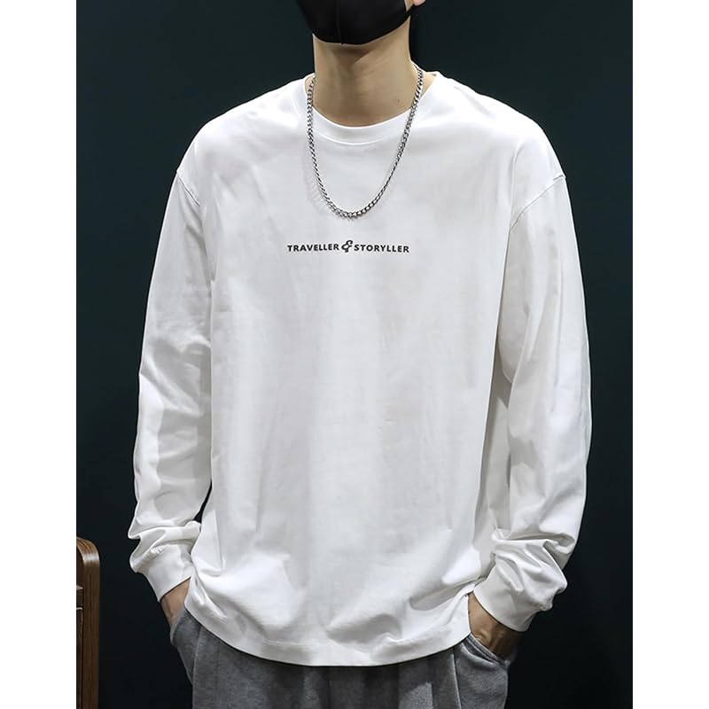 [EASTEMPO] t-shirt men's spring long sleeve Fashionable cotton Plain color casual Relaxing large size (JP, alphabet, 3XL, white)