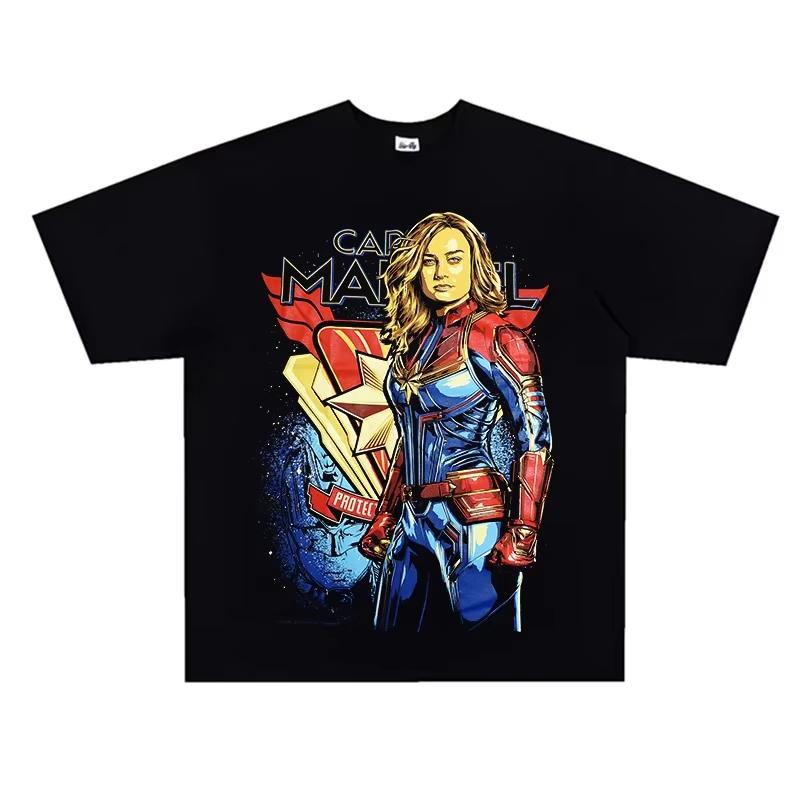 

Marvel Superhero Series American Fashion Cotton Retro Short-sleeved Tee with Loose Neckline for Men and Women Summer Streetwear S
