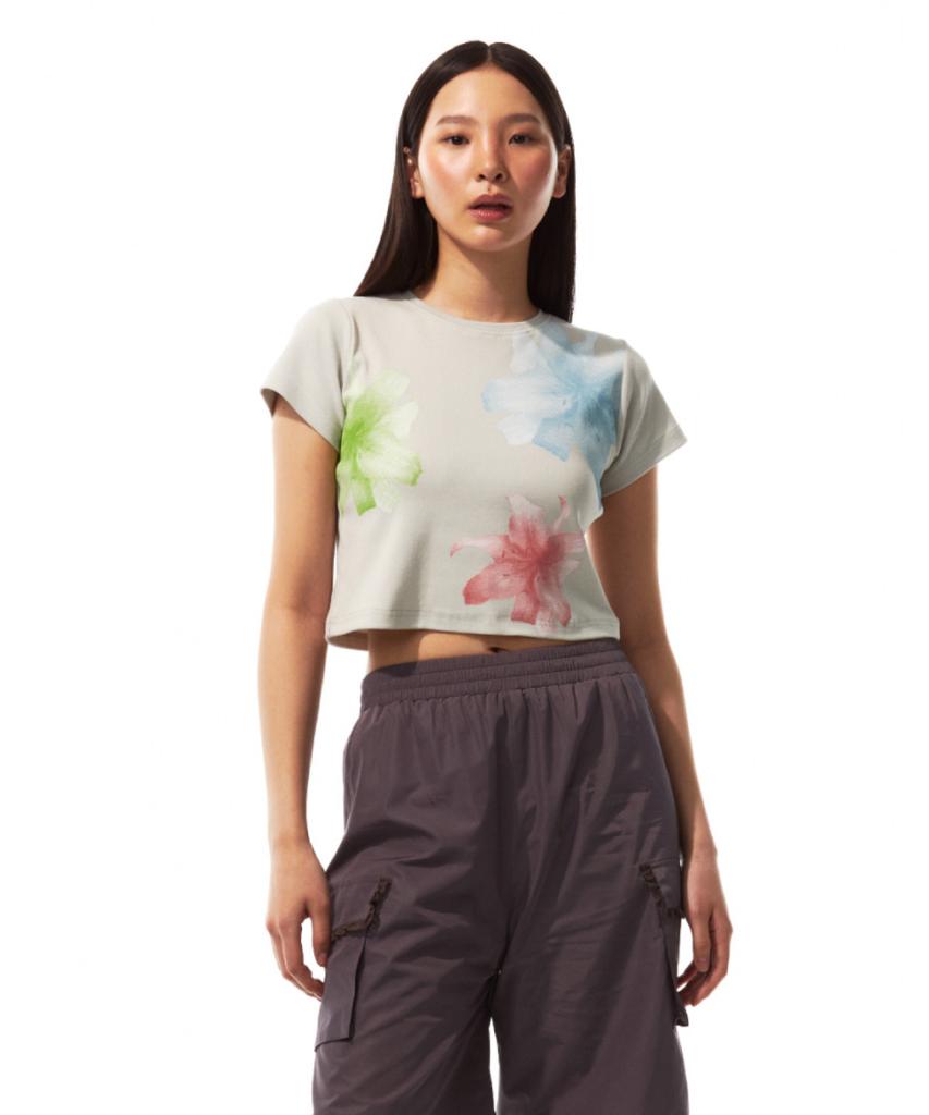 THREE TO EIGHTY Flower Printed Crop T-Shirt (Beige)