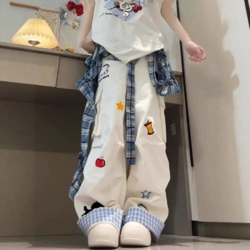 Women s High Waist White Embroidered Wide Leg Jeans Loose Straight Leg Plaid Cuff Denim Pants Streetwear S белый