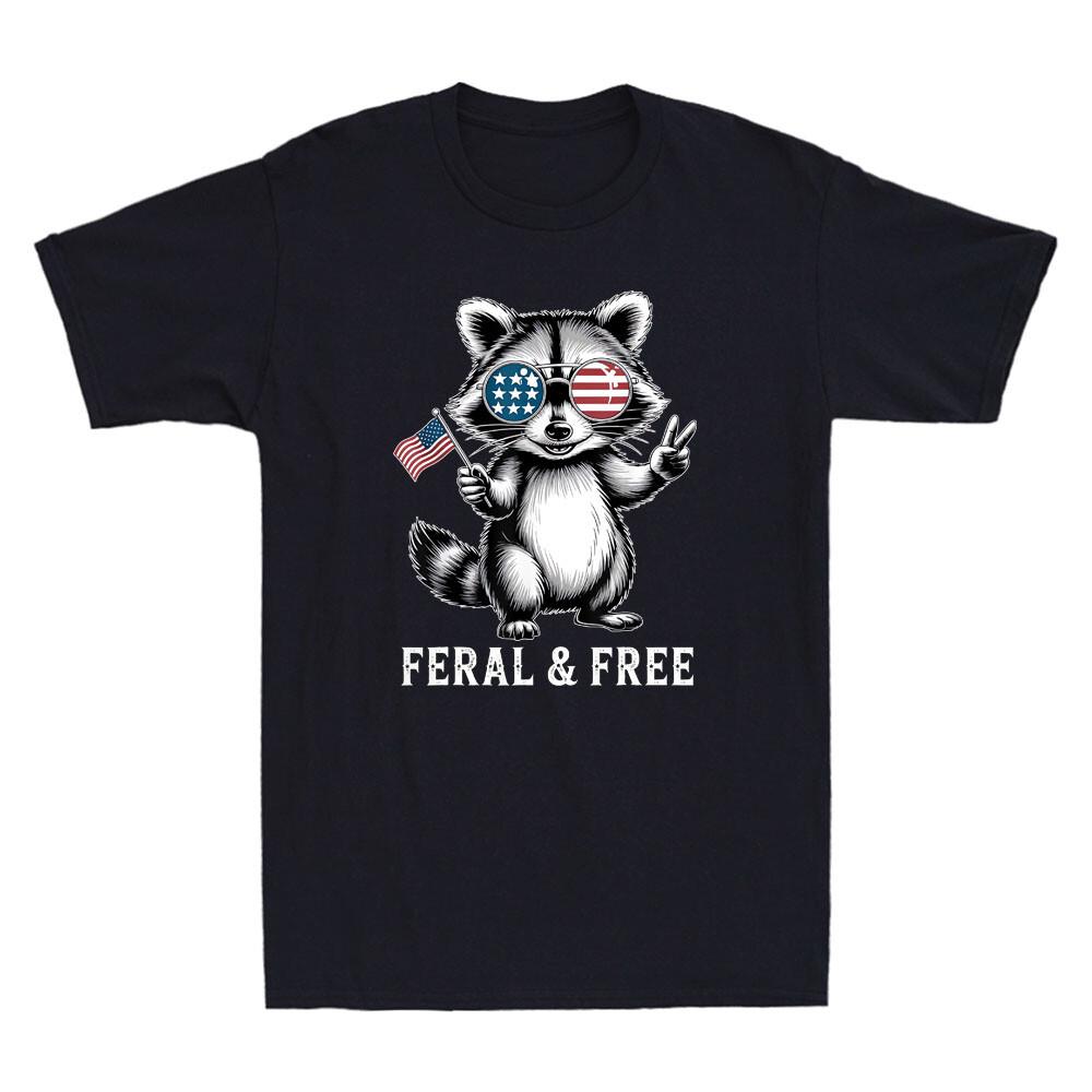 

4th July Feral Free Funny Raccoon Meme Vintage Men039;s Short Sleeve T-Shirt Unisex T-Shirt S