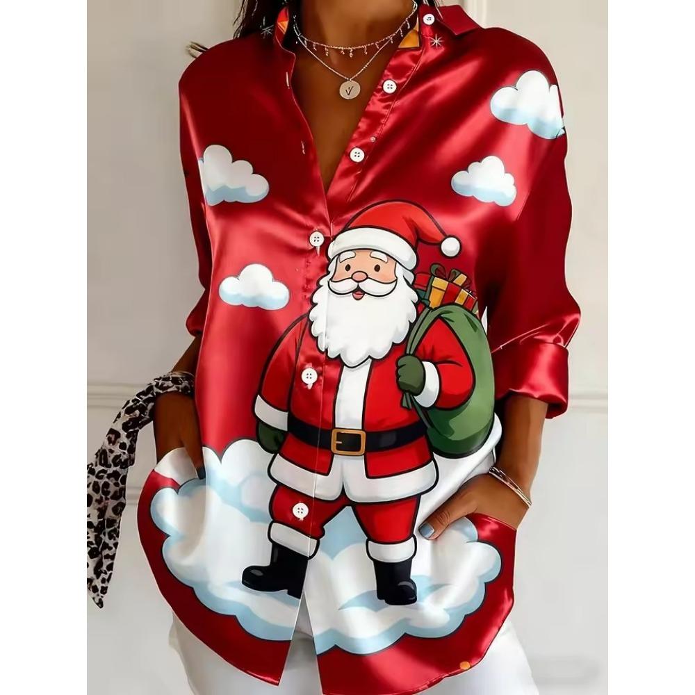 Women's Santa Claus Print Blouse, Elegant Long Sleeve Shirt Collar, Vintage Holiday Style, Fall Winter Work Daily Wear