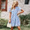 Chic Floral Print V Neck Short Sleeve Loose Dress Women Spring Autumn Fashion S-XL