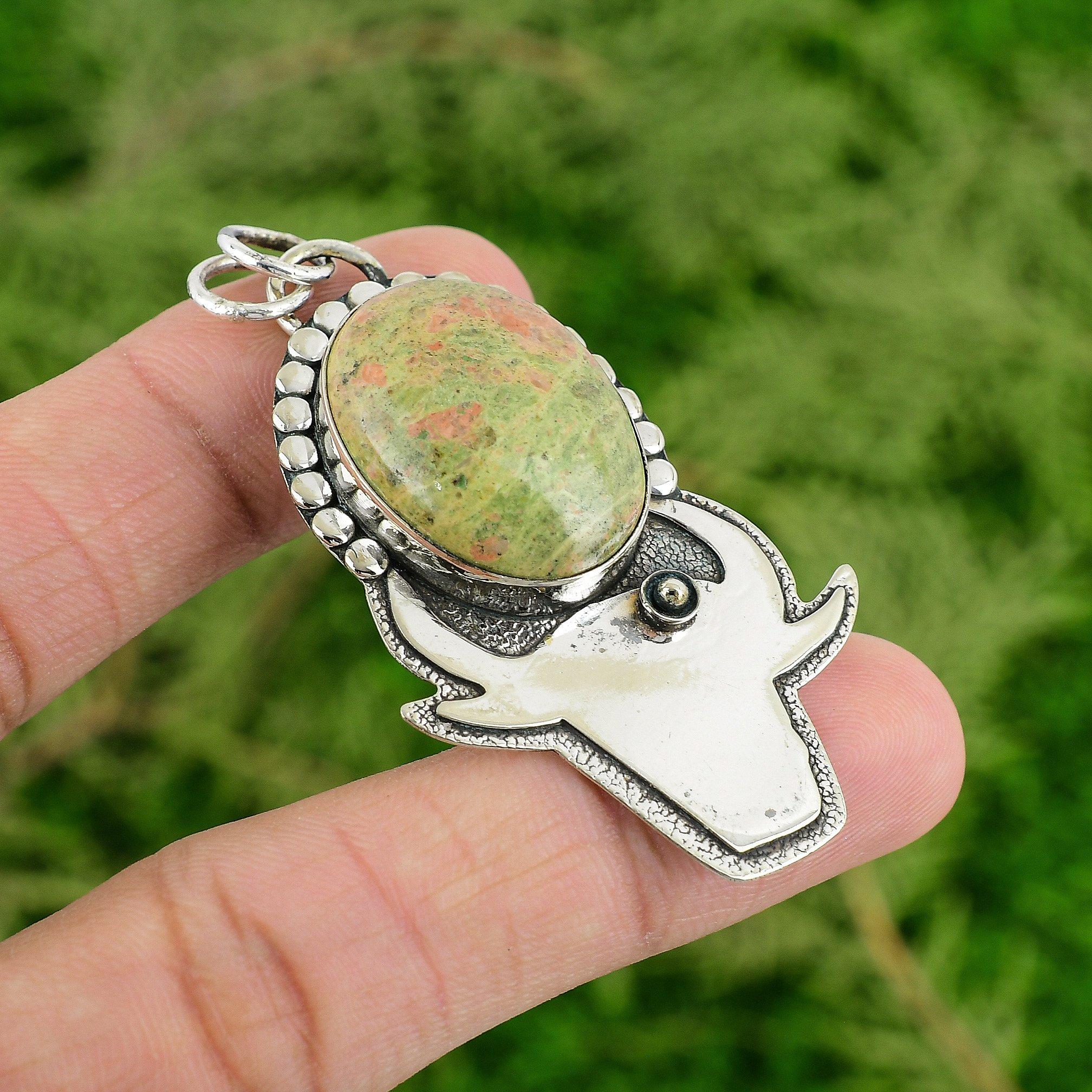 

Oval Heart Chakra Unakite Gemstone 925 Silver Ethnic Elegant Engagement Pendant