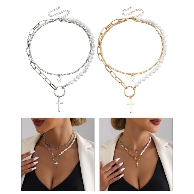 Vintage Pearl Choker Necklace for Women Gothic Layered Splicing Clavicle Chain