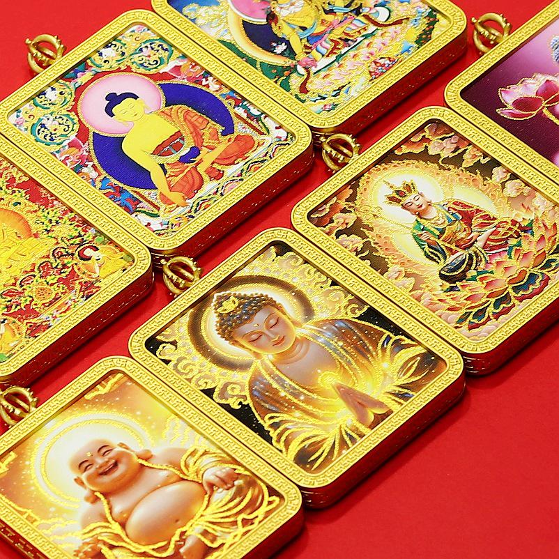 Vergoldete Buddhistische Thangka Anhänger Halskette: Halbhandbemalte Ksitigarbha, Maitreya, Shakyamuni Buddha Statue