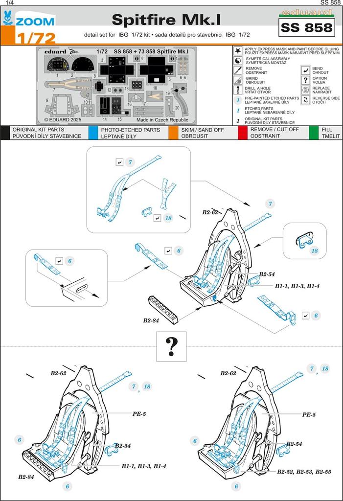 Eduard Zoom Spitfire Etched Parts Plastic Model Kit Parts EDUSS858 1/72 Mk.I (for IBG) (Airplane)