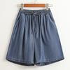 Women Summer Wide Leg Shorts High Waist Elastic Waistband Drawstring Pockets Solid Color Knee-Length Trousers